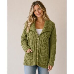 Aran Crafts Ireland Cardigan 100% Merino Wool Sweater Green Cable Knit Womens XL